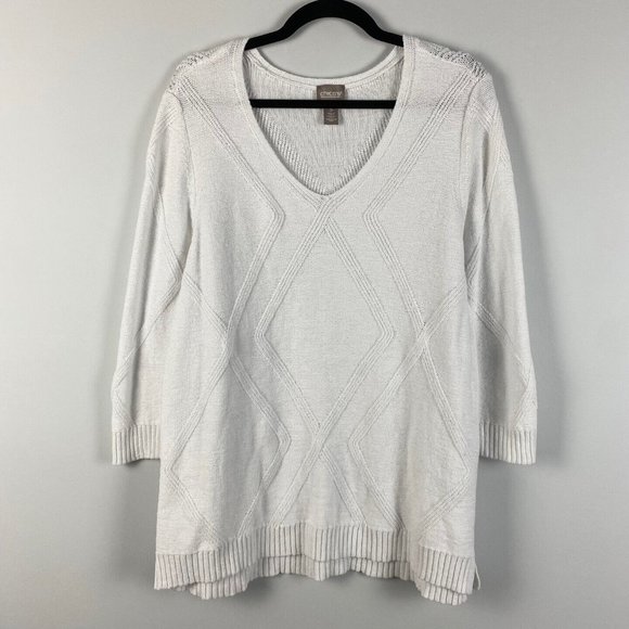 Chico's Sweater Womens Pullover White Knit 3/4 Sleeves Cotton Blend Size 3 - Picture 1 of 9